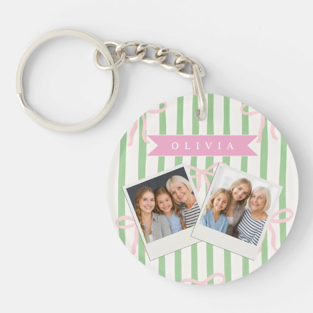 Porte-clefs Personalized Girly Coquette Green Stripe Bow (Devant)