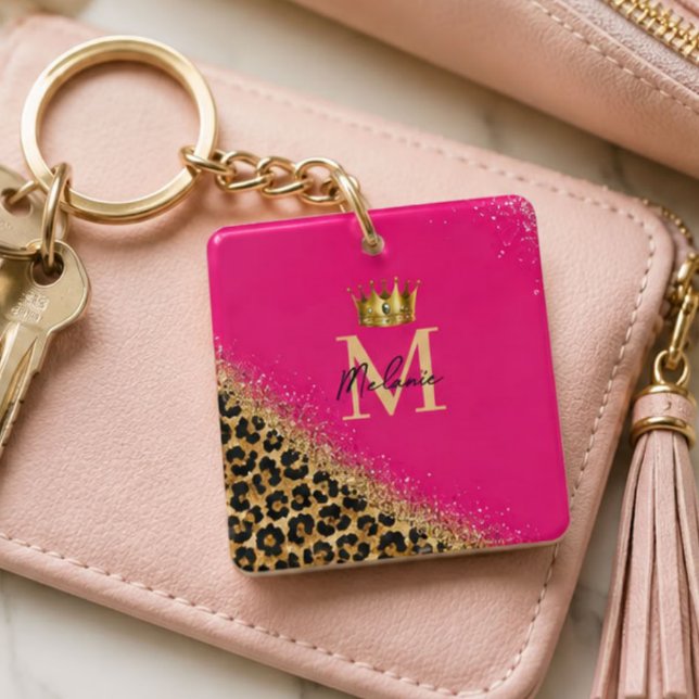 Porte-clefs Personalized Pink Leopard Gold Glitter Monogram  (Créateur téléchargé)