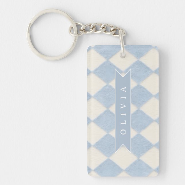 Porte-clefs Personalized Preppy Soft Blue Fuzzy Argyle Name (Devant)