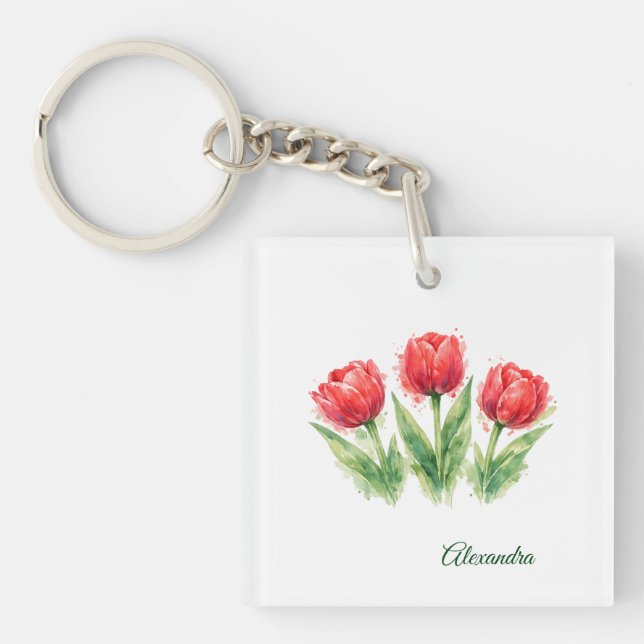 Porte-clefs Personalized Watercolor Red Tulips (Devant)