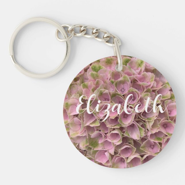 Porte-clefs Personnalisable rose et vert pâle Hydrangée floral (Devant)