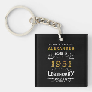 Porte-clefs Personnalisé 70e anniversaire Né 1951 Noir Vintage