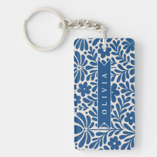 Porte-clefs Personnalisé Floral Folklorique Bleu Nordique Sur
