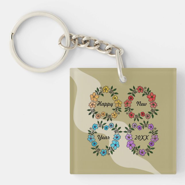 PORTE-CLEFS PERSONNALISÉ HAPPY NEW YEAR 20XX & FLEURS WREATHS (Devant)