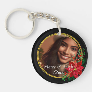 Porte-clefs Personnalisé Joyeux Bright Photo de Noël Fleur rou