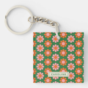 Porte-clefs Personnalisé Mignon Coloré Retro Floral Vert rose
