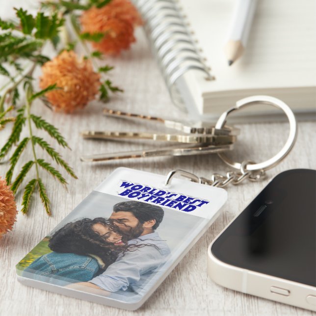 Porte-clefs Petit ami photo bleu texte 3d (Devant droit)