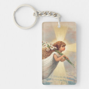 Porte-clefs Petit ange bébé tenant des lis