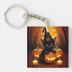 Porte-clefs Petit chat noir avec un chapeau de sorcière parmi 