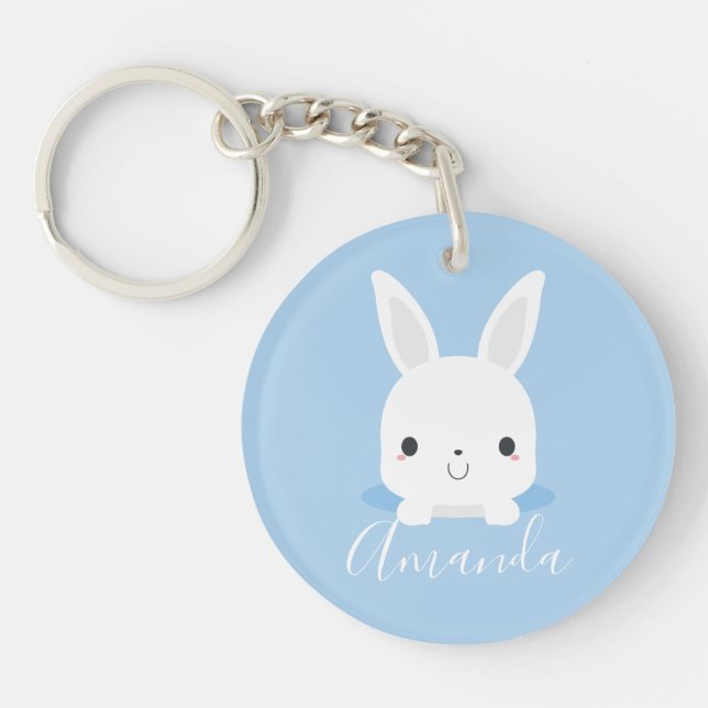 Porte-clefs Petit lapin bleu mignon avec nom personnalisé (Devant)