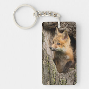 Porte-clefs Petit Renard Rouge dans le Creux d'un Arbre