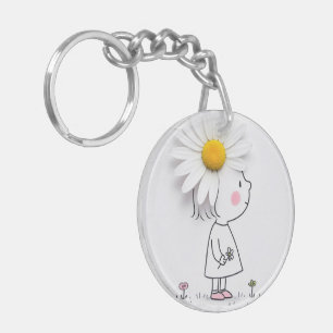 Porte-clefs Petite fille portant une marguerite blanche sur la
