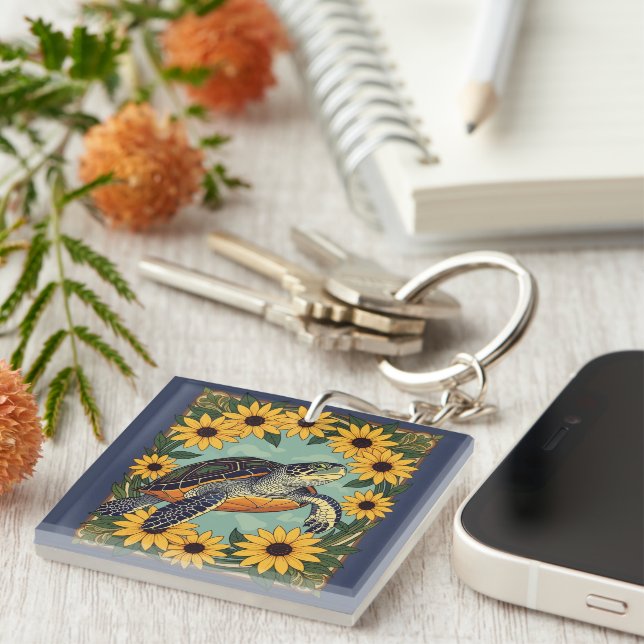 Porte-clefs Petite Tortue Et Fleurs Faisées Noires (Devant Droit)