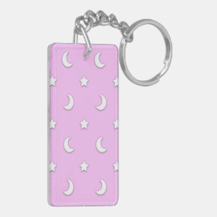 Porte-clefs Petites étoiles blanches et lunes sur fond rose