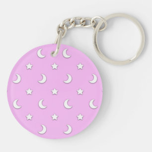 Porte-clefs Petites étoiles et lunes blanches sur rose