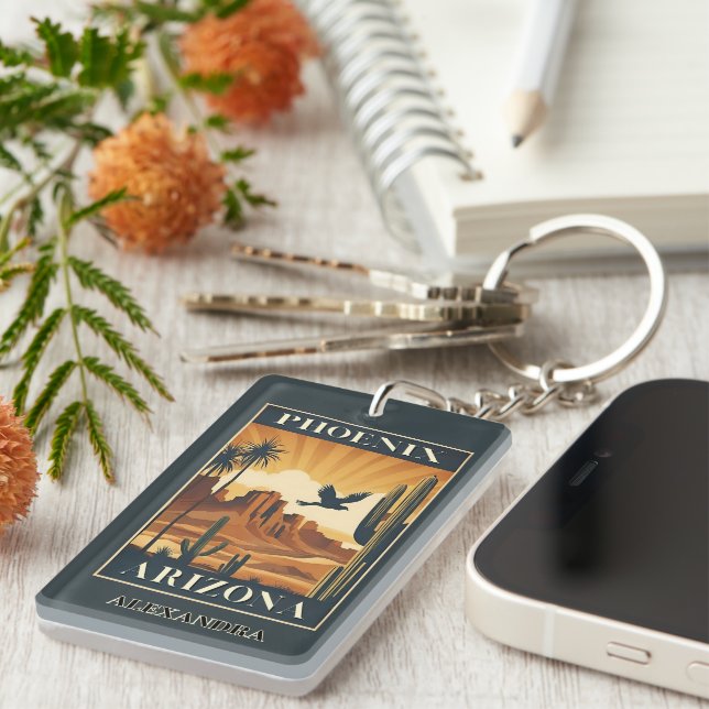 Porte-clefs Phoenix Arizona Retro Travel Optional Custom Name (Devant droit)