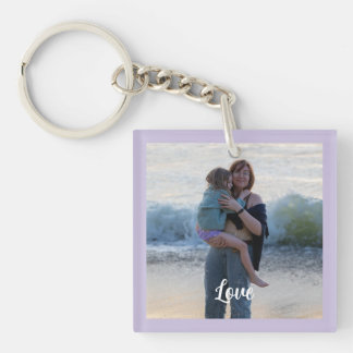 Porte-clefs Photo à bordure violette personnalisée avec texte