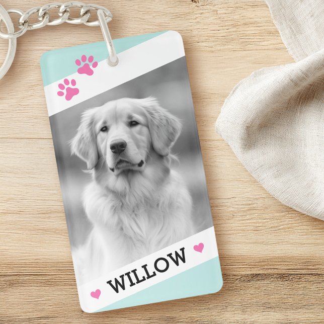 Porte-clefs Photo chien animal clair aqua bleu blanc bordures  (Pet dog photo light aqua blue white borders name keychain)