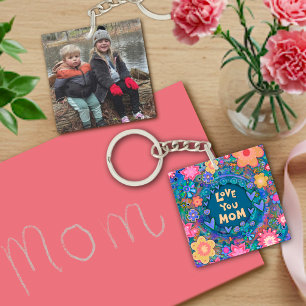 Porte-clefs Photo customisée Joli Floral Love You Mom Art