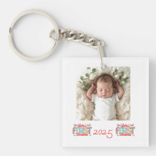 Porte-clefs Photo de bébé Premier Noël Rouge Personnaliser