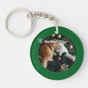 Porte-clefs Photo de chats dans un arbre de Noël, personnalisé