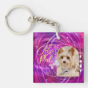 Porte-clefs Photo de chien de compagnie rayonnant Mangenta
