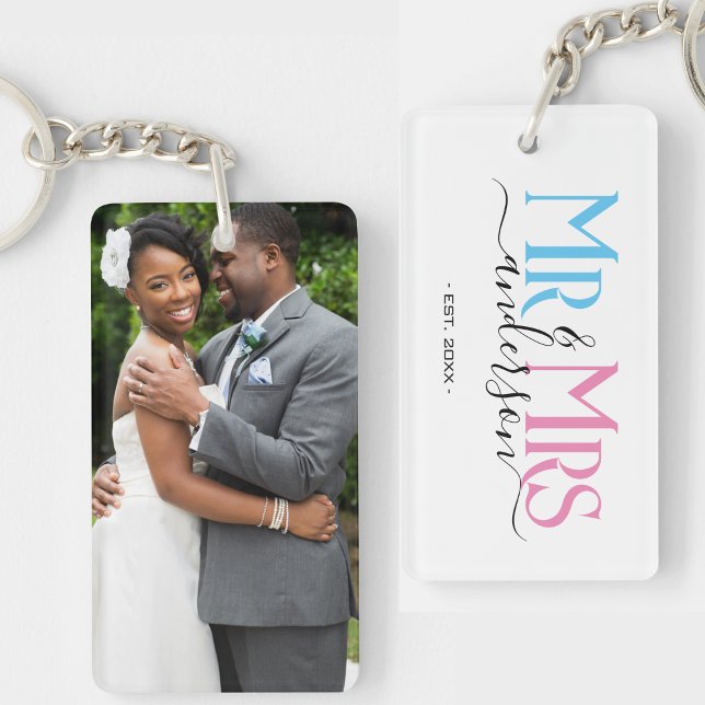 Porte-clefs Photo de couple de jeunes mariés pour anniversaire (newlywed couple mr and mrs keychain with photo)