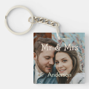 Porte-clefs photo de couple Noël nom mr & mrs jaune