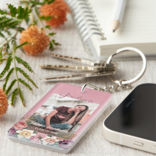 Porte-clefs Photo de diplômé personnalisée sur fond d'art aqua