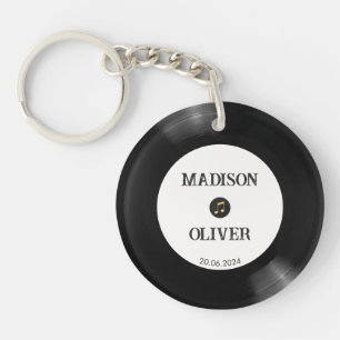 Porte-clefs Photo de disque vinyle noir et blanc Nom Date Mari
