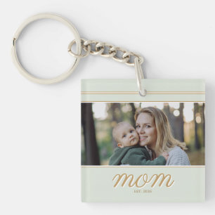 Porte-clefs Photo de maman établie en or minimal et vert sauge