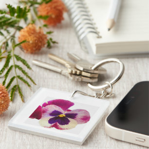 Porte-clefs Photo en acrylique de fleur de pensée rose et viol