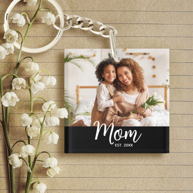 Porte-clefs Photo Maman Date établie Écriture Blanche sur Fond (Créateur téléchargé)