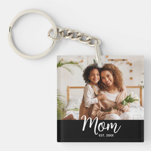 Porte-clefs Photo Mom Established Date White Script on Black (Devant)