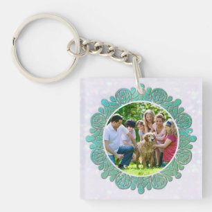 Porte-clefs Photo personnalisé de famille avec mandala turquoi