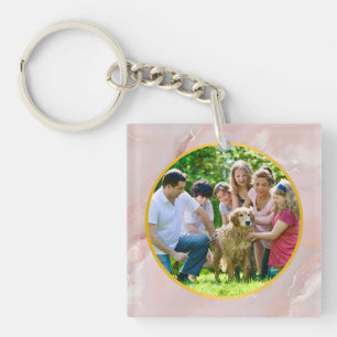 Porte-clefs Photo personnalisé de famille en or et marbre rose