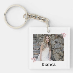 Porte-clefs Photo personnalisée et nom Pink Floral