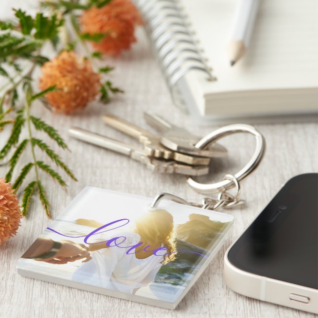 Porte-clefs Photo personnalisée et texte de script (Devant Droit)