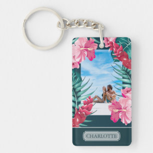 Porte-clefs Photo personnalisée Fleurs d'été exotiques Monogra