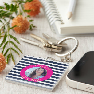 Porte-clefs Photo personnalisée Nauti-Girl Navy Bleu Stripes