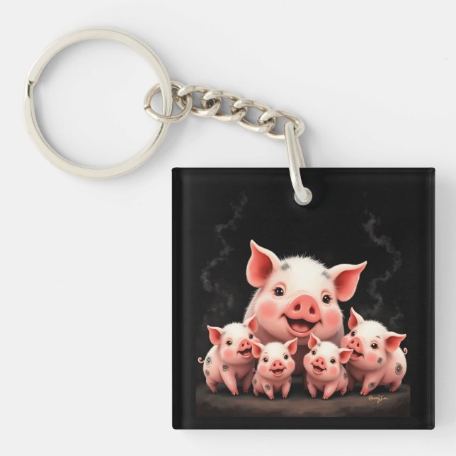 Porte-clefs Pig Artwork – Mother Pig & Piglets (Devant)
