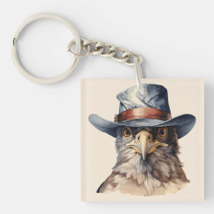 Porte-clefs Pigeon amusant portant un chapeau de cowboy, aquar