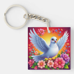 Porte-clefs 🕊️ Pigeon Blanc Dessin Floral Nature Style Calme