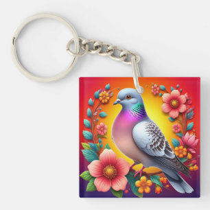 Porte-clefs 🕊️ Pigeon Coloré Dessin Floral de la Nature