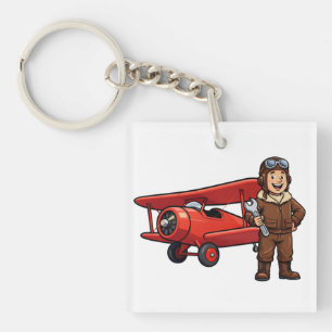 Porte-clefs Pilote Vintage avec Dessin Animé de Biplan Rouge
