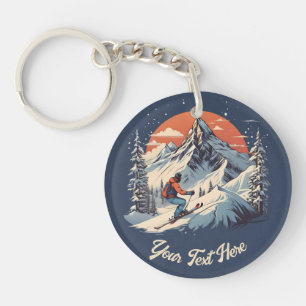 Porte-clefs Pin de montagne vintage Ski orange coucher de sole