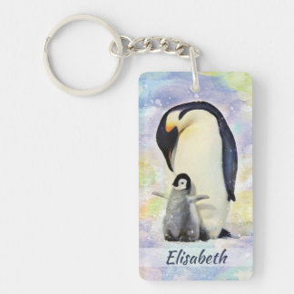Porte-clefs Pingouin d'empereur avec l'aquarelle de poussin de