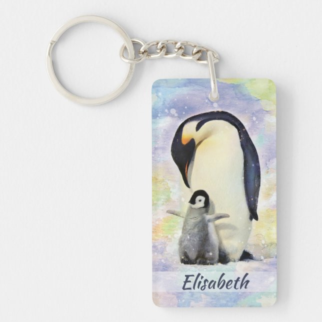 Porte-clefs Pingouin d'empereur avec l'aquarelle de poussin de (Devant)