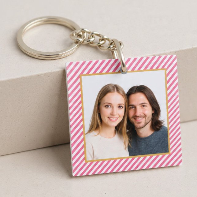 Porte-clefs Pink Diagonal Stripe Photo Frame (Créateur téléchargé)