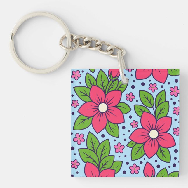 Porte-clefs Pink Florals with Bold Petals and Green Leaves (Devant)